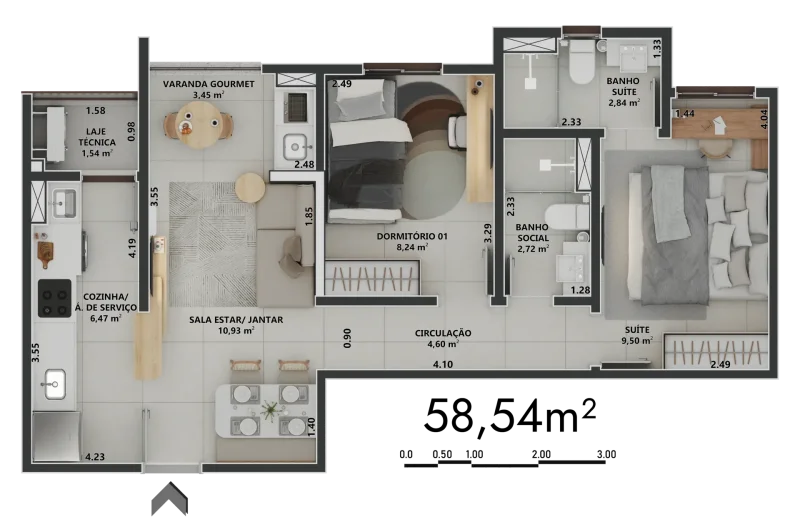58,54m² | 1 Dormitório | 1 Suíte | Varanda Gourmet Aberta | Layout Decorado