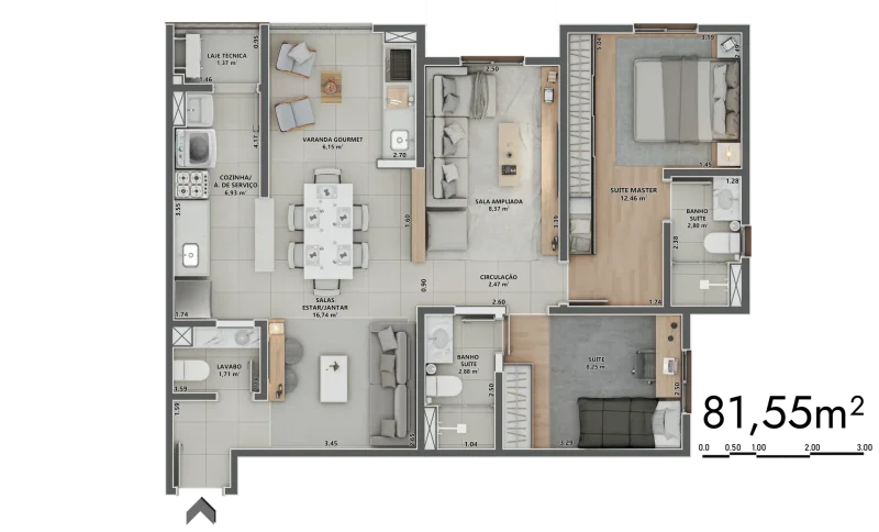 81,55m² | 2 Suítes | Lavabo | Sala ampliada | Varanda Gourmet Aberta