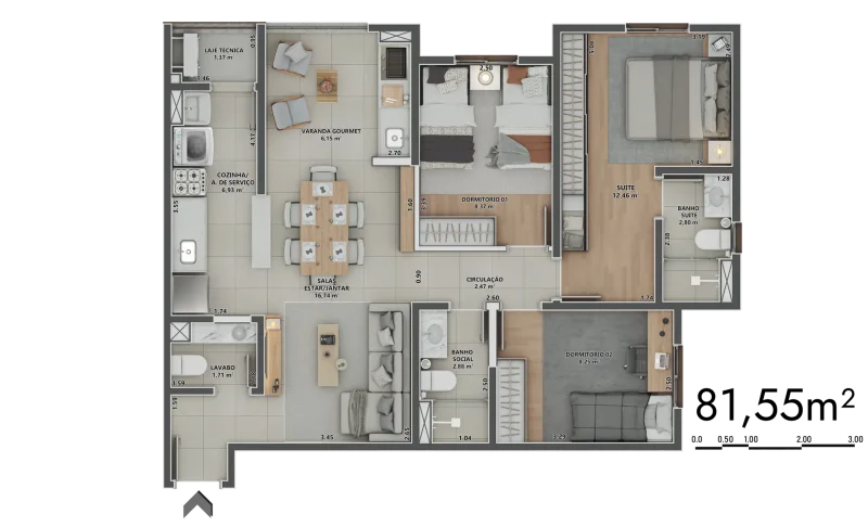 81,55m² | 2 Suítes | Lavabo | Sala ampliada | Varanda Gourmet Aberta  Galeria de imagens 81,55m² | 2 Dormitórios | 1 suíte | Lavabo | Varanda Gourmet Aberta