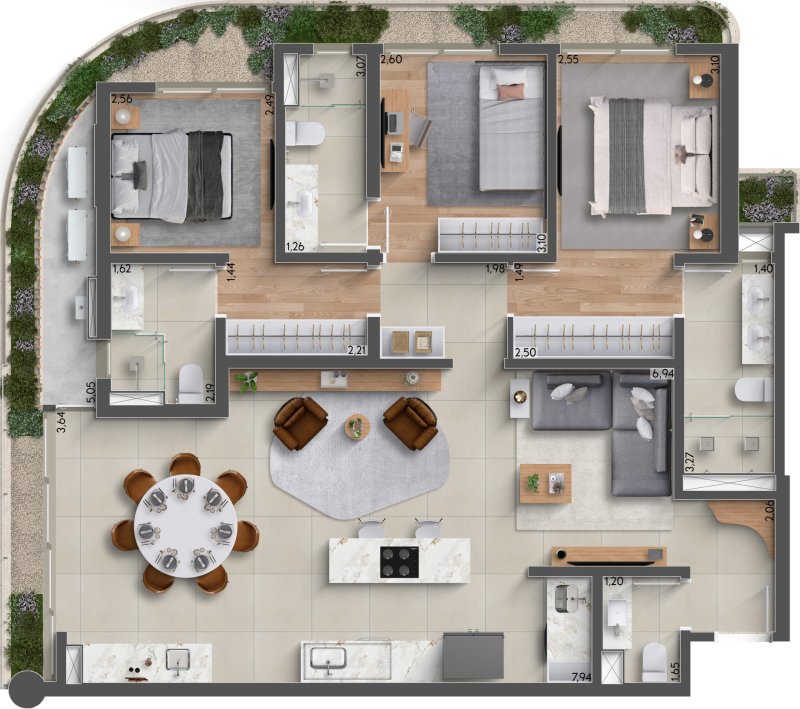 124m² | 3 Suítes | Lavabo | Varanda Gourmet Aberta com Ilha