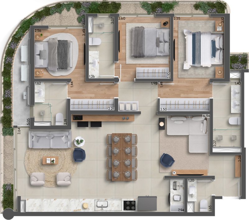 124m² | 3 Suítes | Lavabo | Varanda Gourmet Aberta | Bancada Estendida