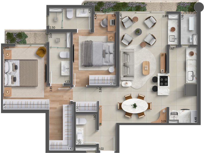 87m² | 2 Suítes | Lavabo | Varanda Gourmet Aberta com Ilha