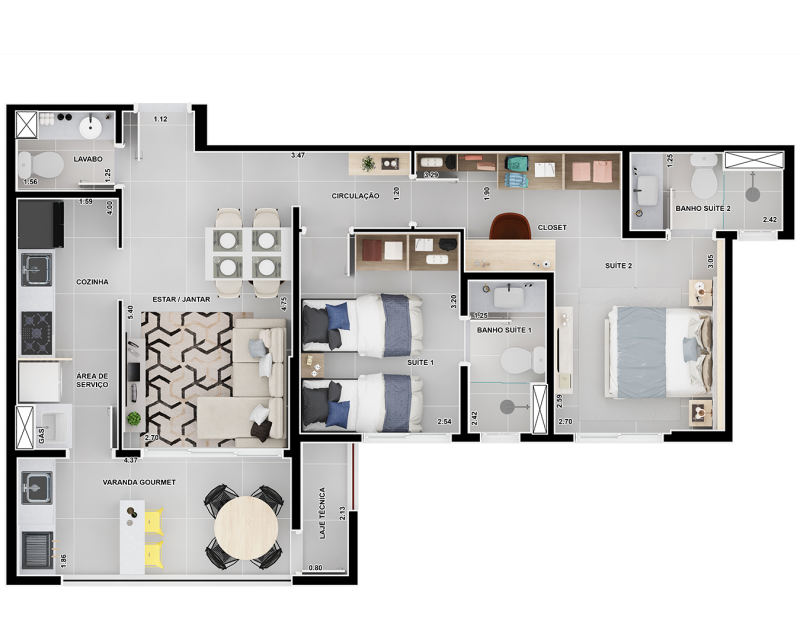 71,82m² | 2 Suítes | Lavabo