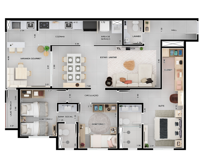 114,71m² | 1 Suíte | 2 Dormitórios | Lavabo