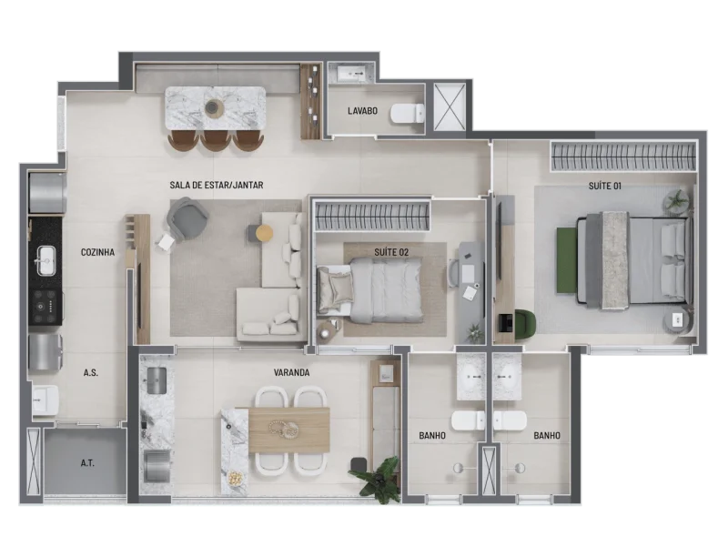 88 M2 - APARTAMENTO PADRÃO 2 SUITES