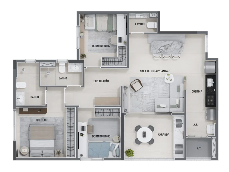 97 M2 - APARTAMENTO PADRÃO 1 SUITE E 2 DORMITÓRIOS