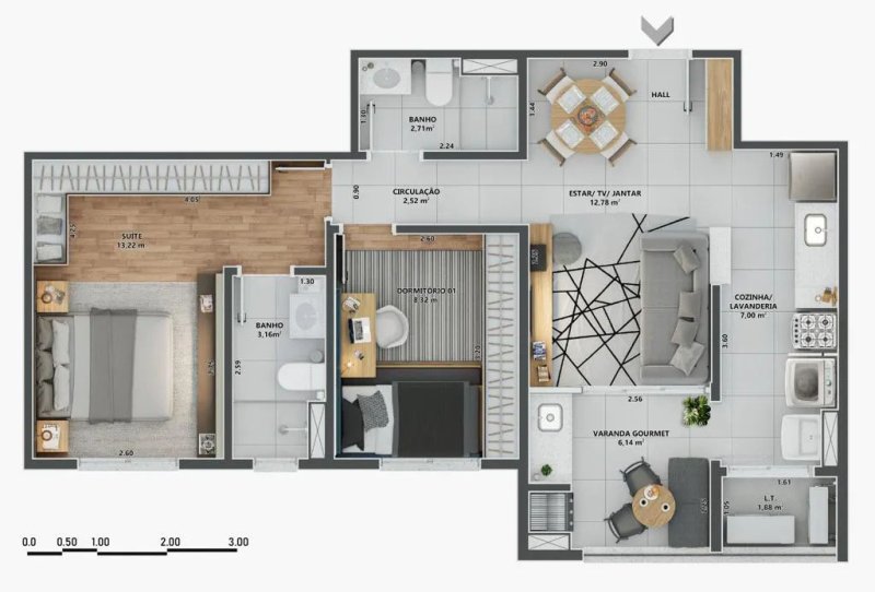 66,66m² | 1 Suíte | 1 Dormitório