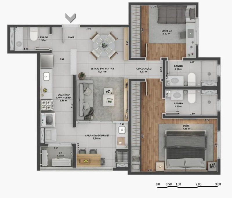 70,98 m² | 2 Suítes | Lavabo