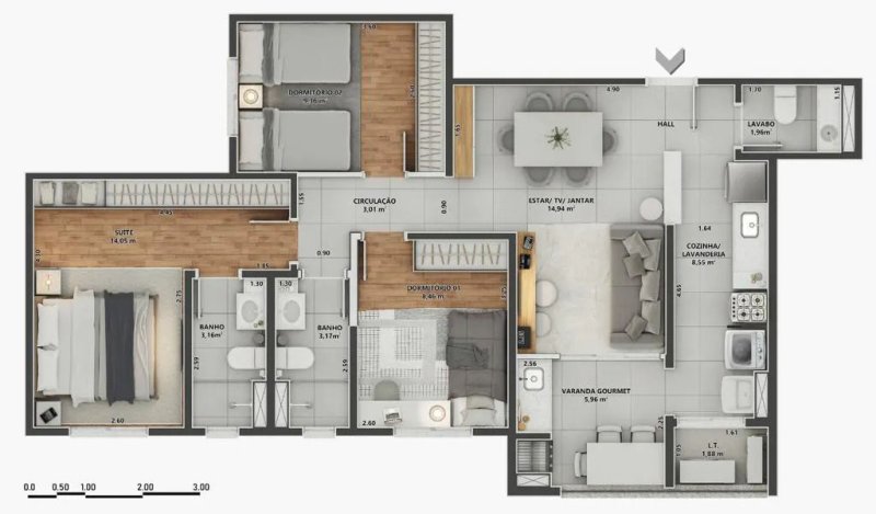 86,58 m² | 1 Suíte | 2 Dormitórios | Lavabo