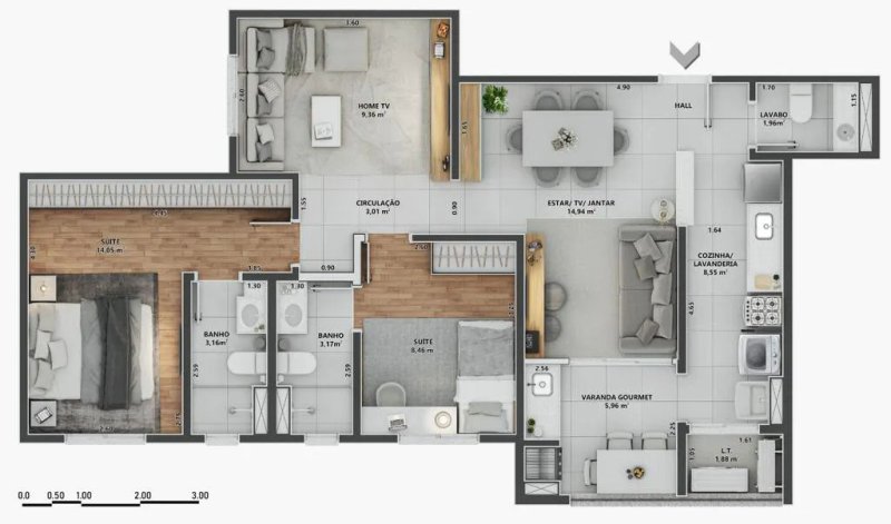 86,58 m² | 2 Suítes | Home TV | Lavabo